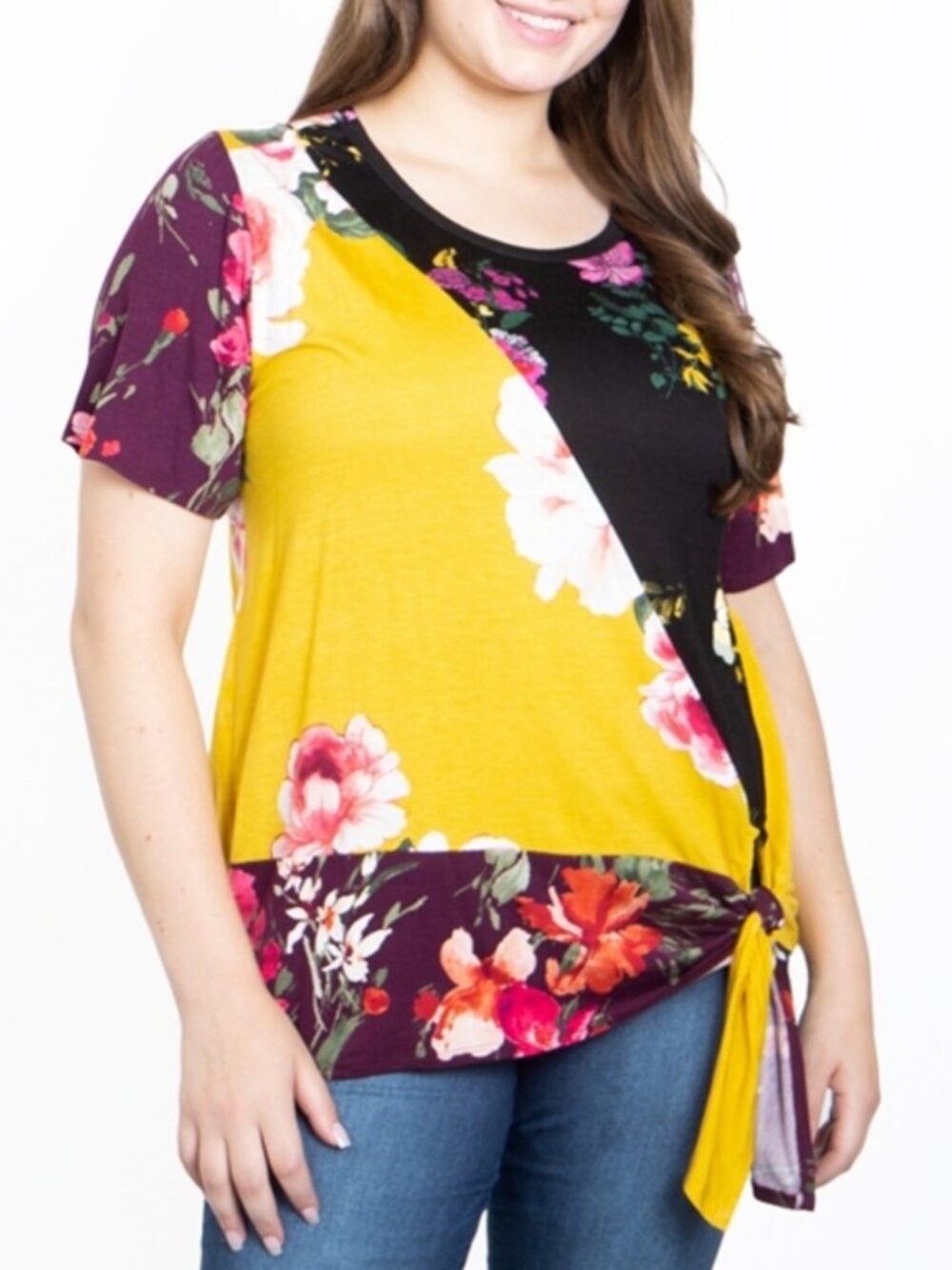 ODDI Plus Size Mustard Floral Colorblock Top NWOT Made in USA